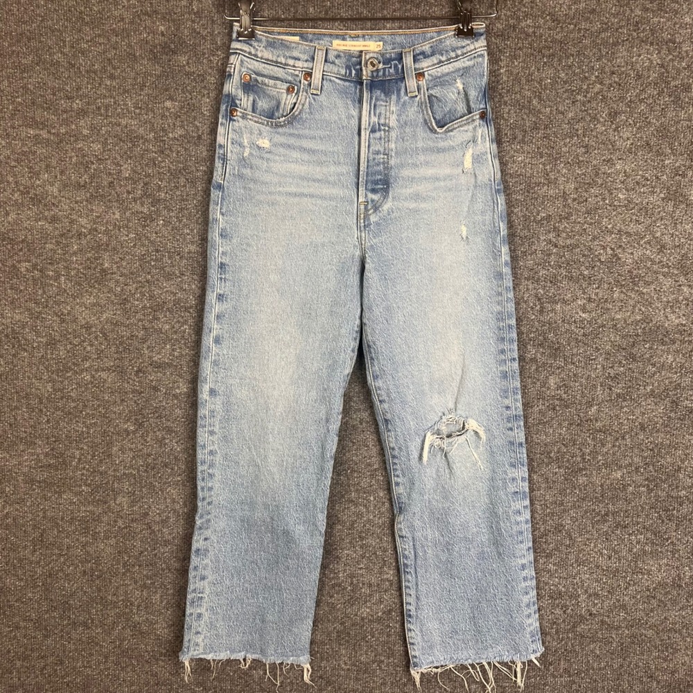 Levis Ribcage Straight Ankle Jeans Womens 25 Blue Good Distressed Raw Hem